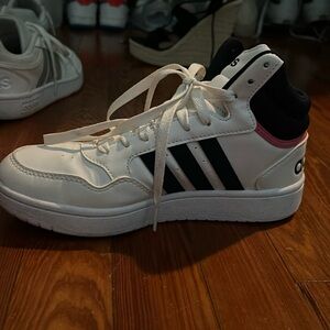 adidas high top sneaker with navy blue and pink trim